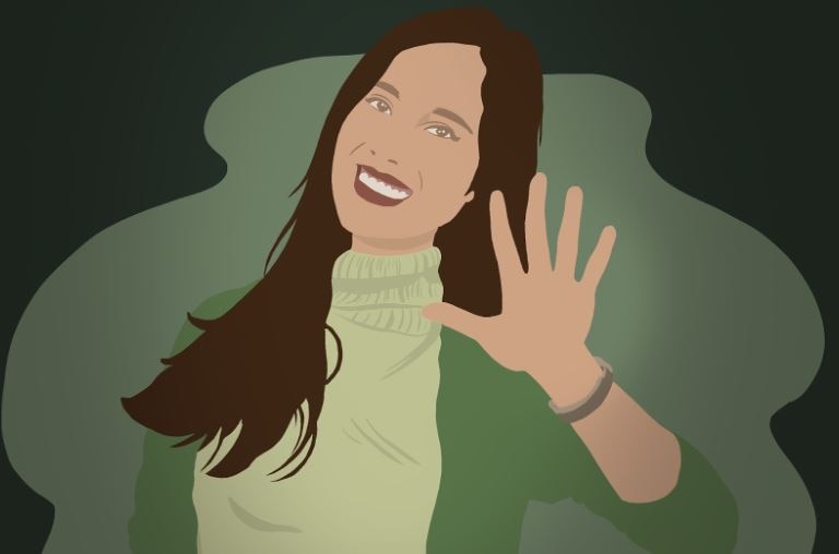 a woman showing 5 fingers to count the number of signs in identifying dull and dry hair